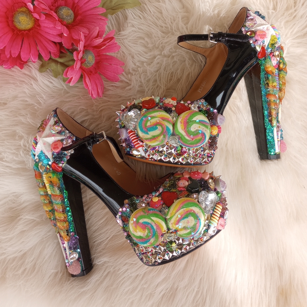 Custom Made Zombie Peepshow Candy Embellished Black Strappy Platform Heels